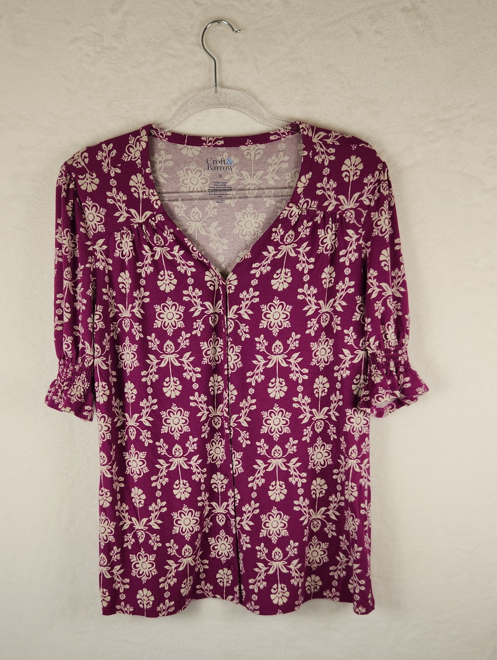 Croft & Barrow Purple Floral V-Neck Button-Front Blouse Women's Size Medium
